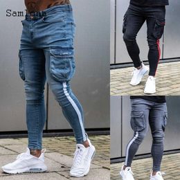 Samlona 2021 nouveau Patchwork jean rayure hommes mode moto Demin pantalon multi-poches pantalon mince bas grande taille hommes Trouser224m