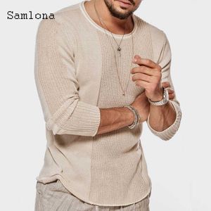 Samlona Pull à tricoter Hommes Automne Nouveau Loisirs Casual Manches longues Top plissé Pulls Pulls Kaki Gris Hommes Vêtements 2020 Y0907