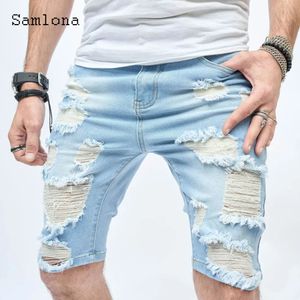 Samlona Men Leisure Splicced Fashion Hip Hop Demin Shorts Summer Sexy Ripped Short Jeans masculin Skinny décontracté short 240411