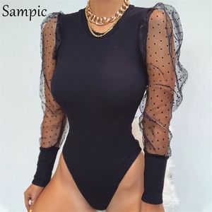 Sampic Polka Dot Body à manches longues Body Femmes Transparent Mesh Sexy Body Noir Romper Femmes Automne Bodys T200323