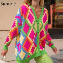 Sampic-cárdigans de punto Argyle básicos con cuello de pico para mujer, cárdigans de punto de gran tamaño, moda de otoño verde Y2K, cárdigans 2021