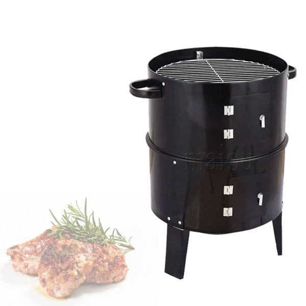 Échantillon disponible 3 en 1 portable extérieur 3 couches barbecue baril vertical sans fumée barbecue au charbon de bois barbecue fumeur avec thermomètre