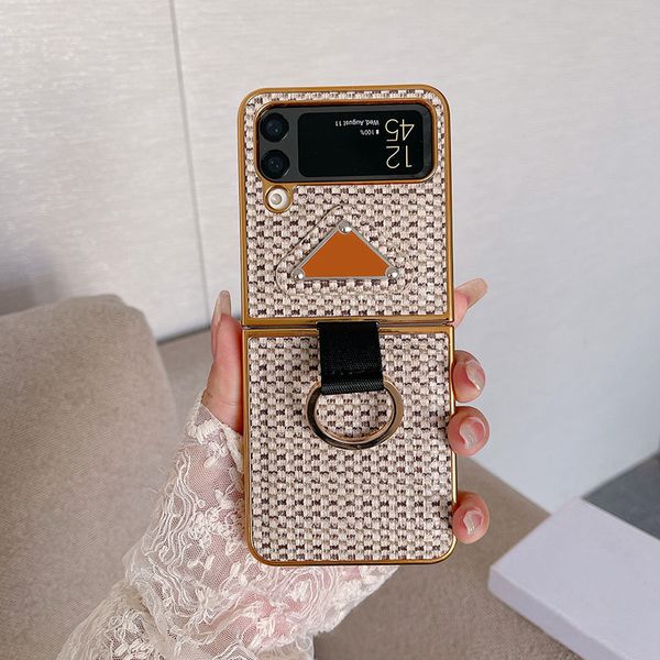 Fundas para teléfono Samsung Galaxy Z Flip 4 3 Patrón de tejido de diseñador Cuero de PU Cubiertas de parachoques traseras cromadas de lujo Correa Cordón Soporte para anillo de dedo Fundas Marrón