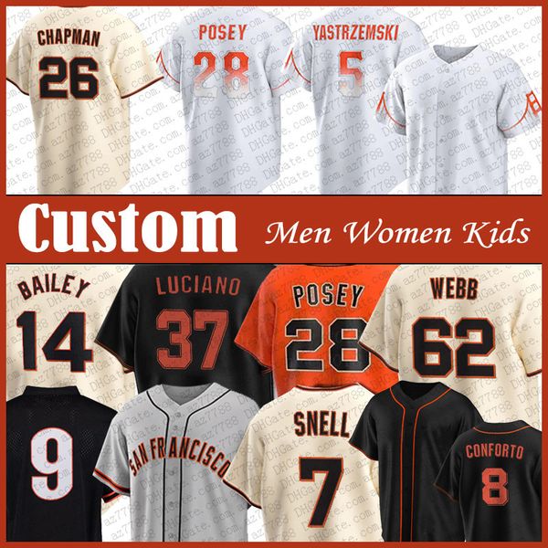 Matt Chapman Blake Snell Maillot de baseball personnalisé San Francisco Giants Mike Yastrzemski Logan Webb Patrick Bailey Marco Luciano Kyle Harrison Joey Bart Matt Williams