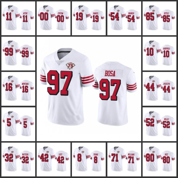 San Francisco''49ers''Men 19 Deebo Samuel 10 Jimmy Garoppolo 5 Trey Lance Femmes Jeunes Blanc Personnalisé 75e Anniversaire Throwback Limited Jersey