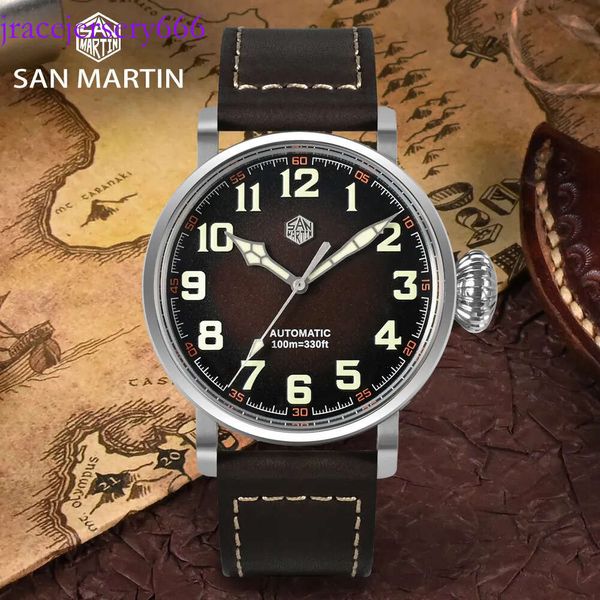 San Martin 44,5 mm Hommes Pilot montre vintage simple militaire simple yn55a mécanique automatique montres incendie compromis 10bar plongeur