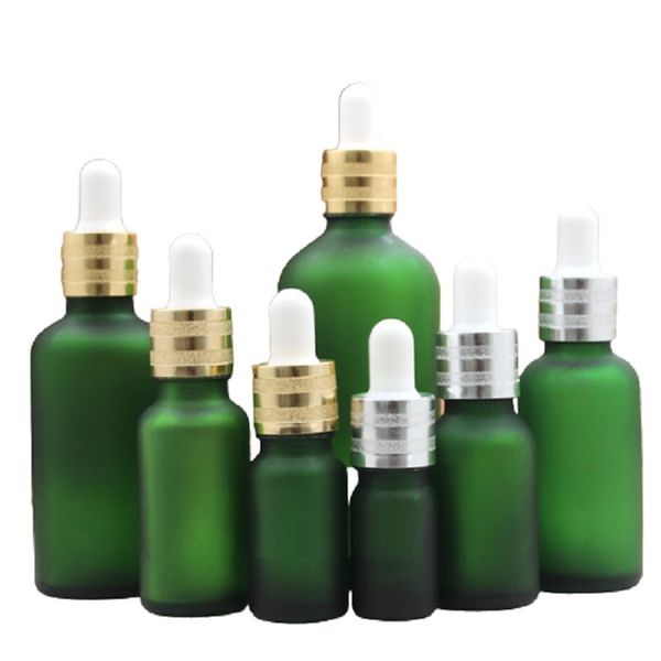 Arena Oro Plata Anillo Botella vacía Vidrio verde escarcha Cosmético Embalaje Esencia Envases recargables Top blanco 5ML 10ML15ML 20ML 30ML 50ML 100ML Viales de aceite esencial