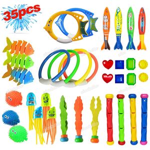 Sand Play Water Fun 35pcs/Pack Summer Diving Toys Diving Fish Ring Torpedos onderwaterwaterspellen training zwembad geschenken set speelgoed voor kinderen 230526