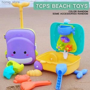 Zand speel water leuke kinderen Summer Beach Toy Set Whale Bagage Cart Box Summer Beach Shovel Outdoor Water Toy Y240416