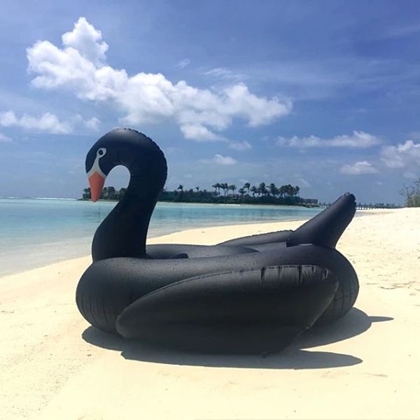 Sand Play Water Fun Cool 190 cm Cisne negro Piscina gigante Flotador Círculo inflable Anillos de natación RideOn Colchón inflado Cama flotante Fiesta de verano 230711