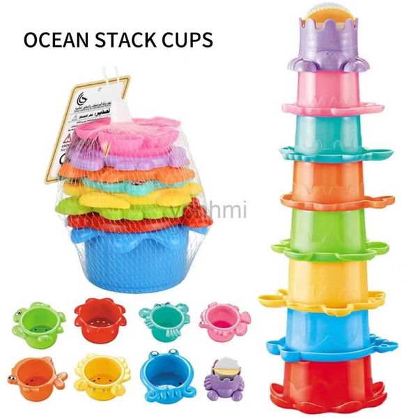 Sand Play Water Fun Juguetes de baño apilando a la taza para niños Torre de bote plegable colorida Torre Education Educational Baby Baby Pool Toys Beach Gifts 240402