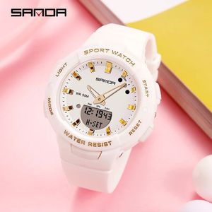 Sanda 6005 Womens Casual G-style Quartz Watch Sports Sports Imperproofr Wrists Dual Time Fashion White Clock Lady Digital Watches 240428