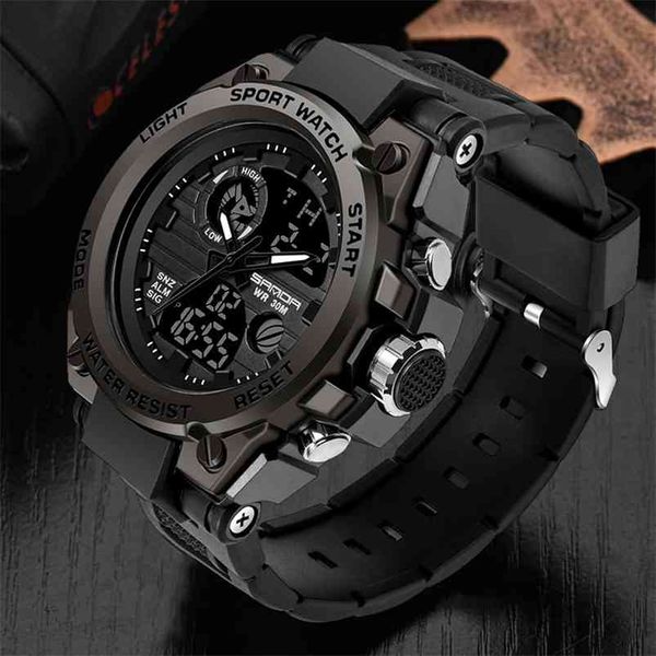 Reloj de pulsera de marca SANDA, relojes para hombre, reloj de pulsera de estilo deportivo militar, reloj de pulsera de doble pantalla para hombre, reloj resistente al agua, horas 210804