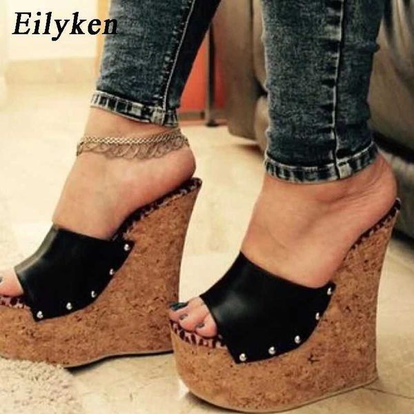 Sandalia El más nuevo diseño de remache de moda Peep Toe Plataforma Zapatillas de cuña Zapatos de verano negros al aire libre Mujer Sexy Sandalias súper altas 230302