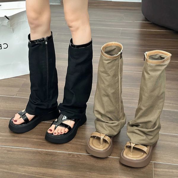 Plateforme de sandale Knee-High Designer Fashion Fashion Fashion Boots Y2K Punk Ladies Round Toe Slipper Gothic Zipper Trend Shoes 240410 348