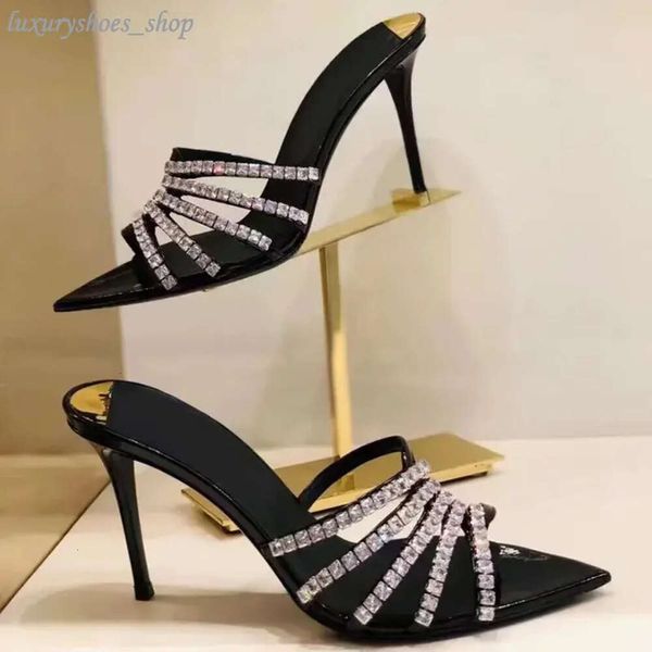 Sandali Moda Pantofole Sandales à talons hauts à talons de sangle incrustés en cristal talons ciel talon pour femmes chaussures de créateurs d'été 8,5 cm Sandales de fête chaussures