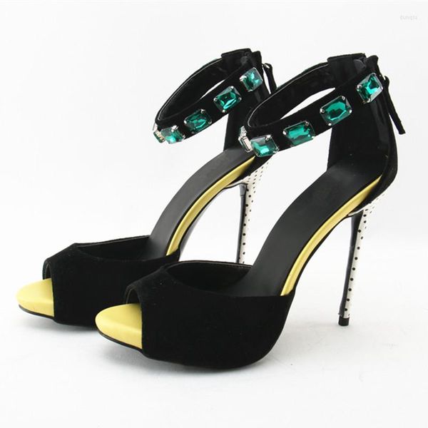 Sandalias Designer Black Mujer Sandales High Heels Gladiator Summer Flock Peep Toe Crystal Hise Strap Chaussures