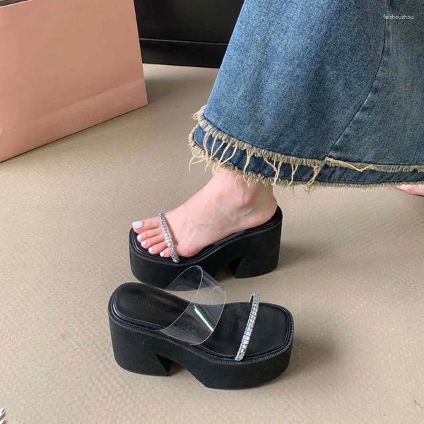 Sandalias 10 cm Taceras de verano zapatillas para mujer Plataforma negra Tallones altos Damas Cuaradas transparentes Bloque Zapatos 2024 Mujer