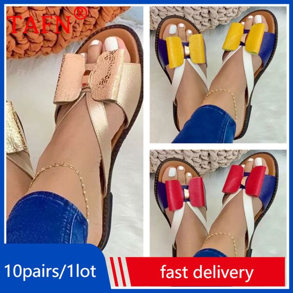 Sandales 10 paires Mode Pantoufles Plates Femmes D'été Arc Sandales Peep Toe Chaussures De Plage Y2K Patchwork Grande Taille 43 En Gros T077 230719