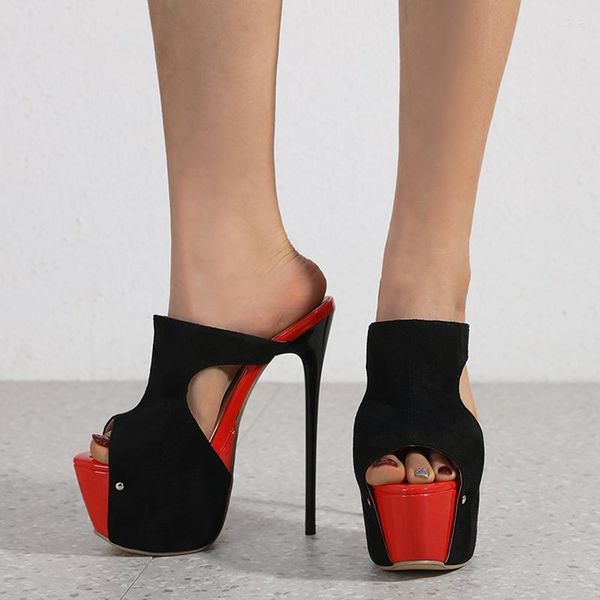 Sandales 16 cm Stiletto Femmes Pantoufles Rouge Noir Plateforme Talons D'été À Talons Hauts Dames Et Chaussures Sapato Feminino