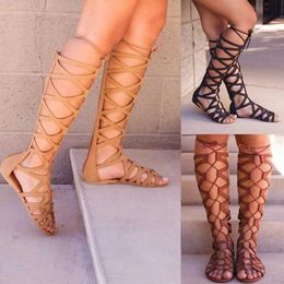 Sandales 2019 Roman Gladiator Bandage Sandales Femmes Knee High Flat Sandalias Botas Fémininas Femmes Chaussures Girls Summer Hollow Ankle Boot T240528
