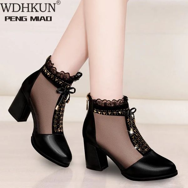 Sandales 2021 Best-seller Cow Mesh Bow Summer Shoes Summer High Heel Femmes Sandales Chaussures Sandales Sandales Mouth Black Cuir Sandales