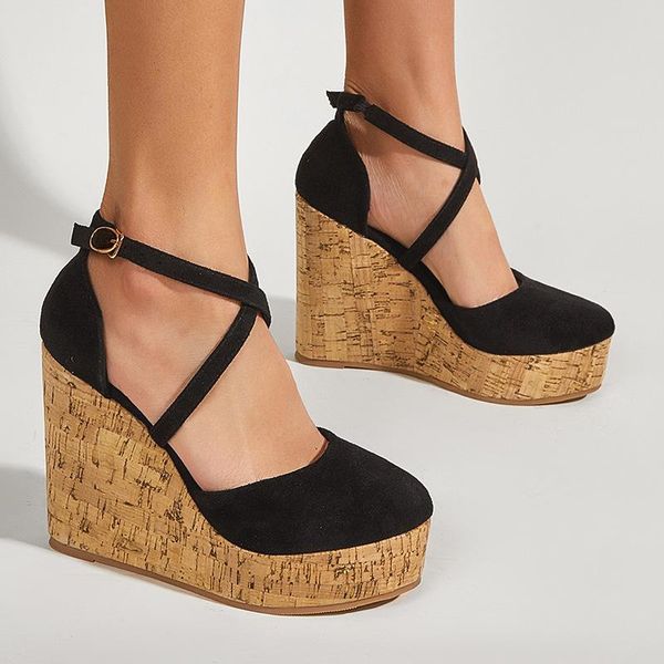 Sandales 2021 Sexy plate-forme compensée chaussures à talons hauts femme paille été fête cheville Wrap femmes