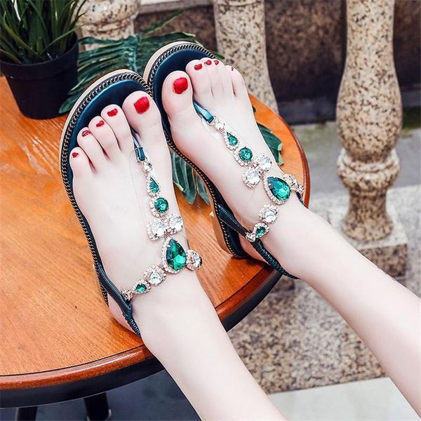 Sandalias 2021 Verano Estilo romano Flip-Flop Moda Coreano Rhinestone Vamp Playa Casual Banda Elástica Diseño Niñas