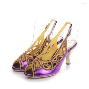 Sandales 2022 Chaussures pour femmes exquises Été Violet Stiletto Strass Creux Poisson Bouche Talons Hauts 7.5CM