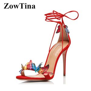 Sandalias 2022 moda mujer correa de tobillo rojo nupcial verano boda zapatos mariposa decoración tacones altos baile bombas Sandalias doradas