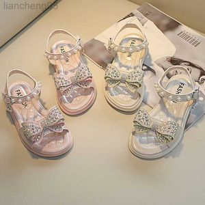 Sandalen 2022 Kinderen Nieuwe platte sandalen Bow Rhinestone Girls Princess Summer Shoes Children Open Toe Pearl Beach Sandalen Maat 26-36 CSH1267 W0217