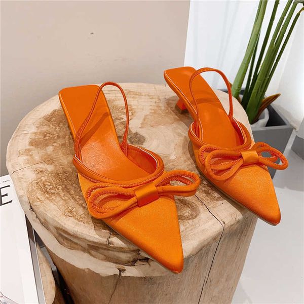 Sandalias 2022 nueva moda de otoño para mujer, tacones bajos de 3 cm, sandalias naranjas para mujer, elegantes zapatos de boda de lujo con lazo y talón en la espalda, zapatos de boda verdes G230321