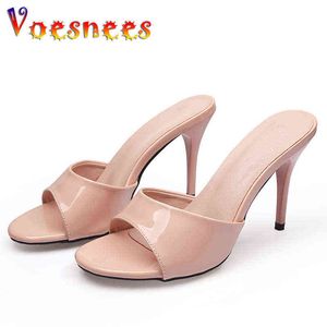 Sandalen 2022 Nieuwe Vrouwen Naakt Kleur Slippers Mule Hoge Hakken Slippers Sandalen Sexy Dagelijkse 9cm Beige Puntige Teen Slides Party Shoes Y220409