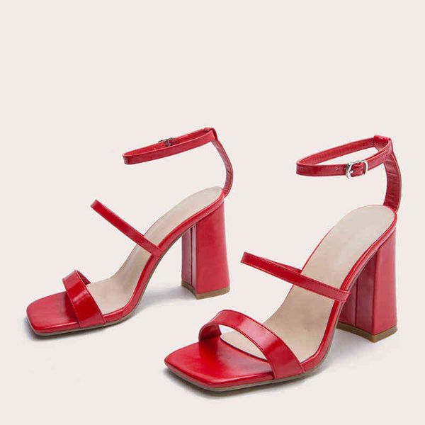 Sandalias 2022, zapatos rojos para mujer, novia, boda, dama, punta abierta, correa en el tobillo, tiras, diseñador, tacones altos gruesos, zapatos de tacón para fiesta, verano 220704