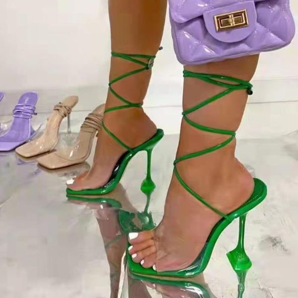 Sandalias 2022 Verano Verde Púrpura Mujeres Tobillo Strappy Tacones de cristal Clear High Square Toe Party Shoes Tamaño 41