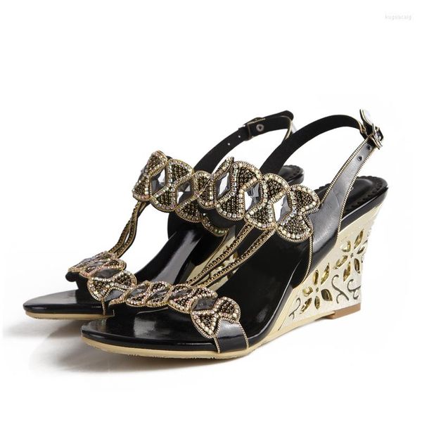 Sandales 2022 été grande taille noir nœud motif strass coin sauvage bout ouvert rétro Boho Style talons hauts plage fête chaussures