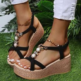 Sandales 2022 été nouveau Casaul femmes sandales plate-forme compensées talons hauts plage rétro perle mode sandales dame épais fond chaussures femme T230208