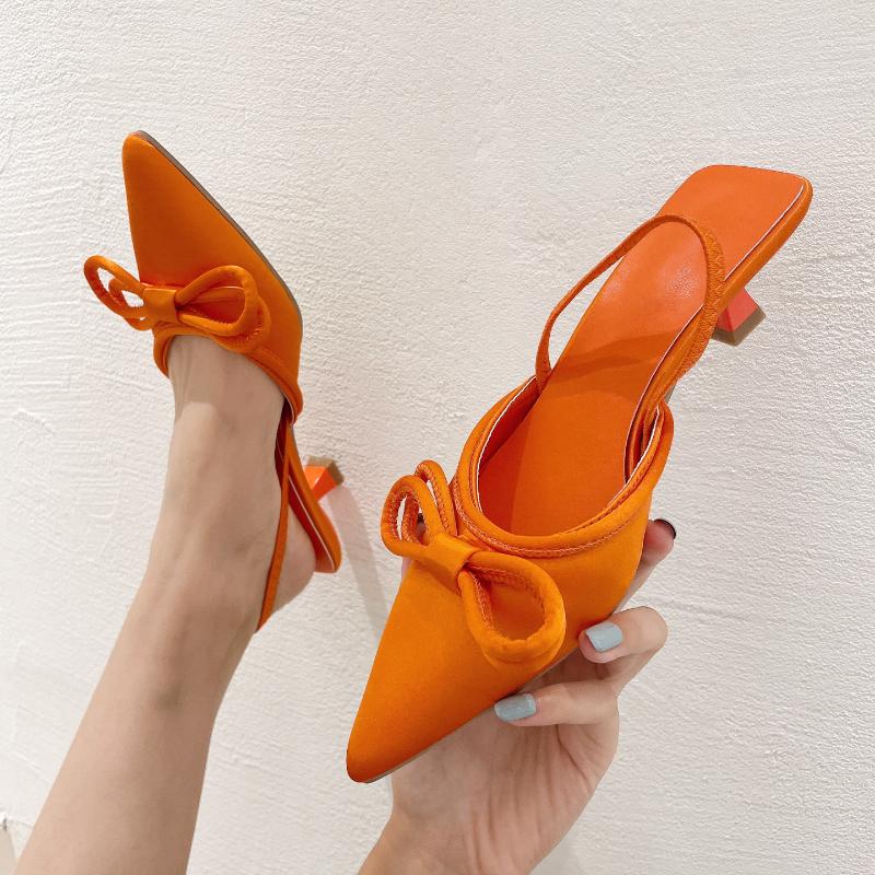 Sandales 2023 automne mode femmes bas 3 cm talons hauts Orange dame élégant noeud papillon Slingback Mules vert luxe chaussures de mariage