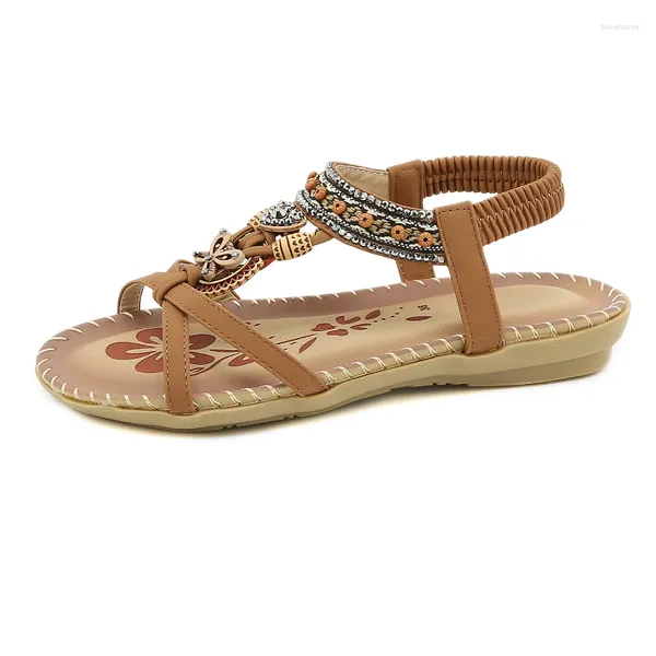 Sandalias 2023 Bohemian National Rhinestone Crystal Diamond Flat Shoes Mujer Verano Étnico Playa Casual Tallas grandes 43