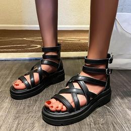 Sandals 2023 Brand Women's Platform Gladiator Ladies Zwart leerschoenen Vrouw Chunky High Heels Summer nu op voorraad