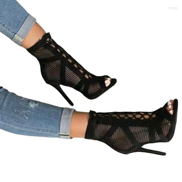 Sandals 2023 Fashion Show Black Net Fabric Cross Strap Sexy High Heel Woman Shoes Pumps Lace-Up Peep Toe Casual Mesh