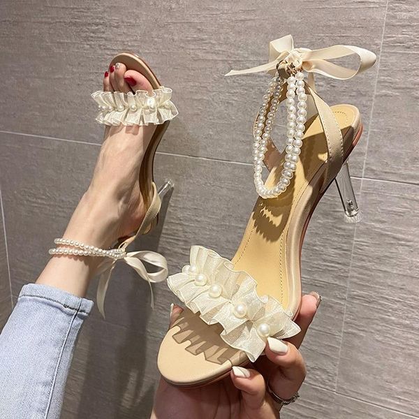 Sandalias 2023, tacones altos, punta abierta, lazo de perlas para mujer, ropa exterior con cuentas, fiesta, banquete, zapatos finos y dulces para mujer