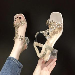 Sandales 2023 Chaussures de vente chaude pour femmes Elastic Band Sandales Sandales Summer Solid Fashion Square Toe Crystal Robe Sandals Femmes Zapatos