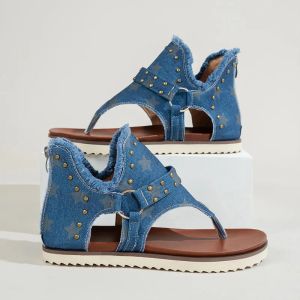 Sandales 2023 Nouvelles chaussures de denim d'été Femme Gladiateur sandales Ladies punk rivet flops flop