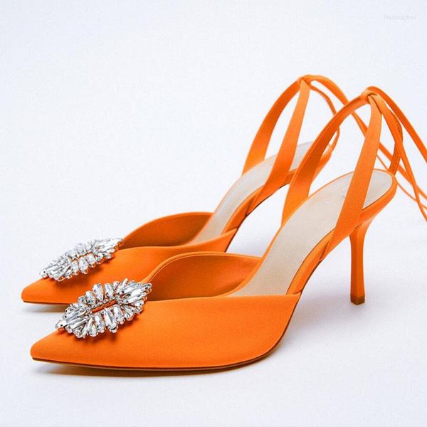 Sandalias 2023 naranja primavera tobillo correa mujer moda Bling cristal tacones altos gladiador bombas zapatos puntiagudos Slip On mulas