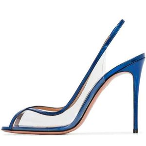 Sandalias 2023 punta estrecha mujer tacones altos transparente azul estilo hada Stilettos verano señoras zapatos de fiesta