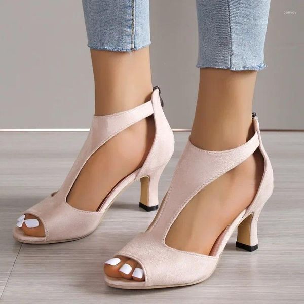 Sandalias 2023 Zapatos para mujeres Cubierta Heel Peep Peep Toe Office Sandal Back Zip Plus Tamaño Stiletto Damas