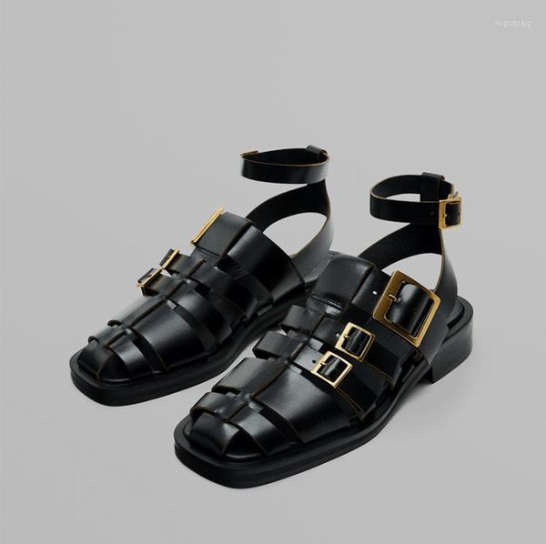 Sandales 2023 printemps été femmes mode en cuir véritable chaussures plates Simple élégant décontracté romain femme Chic