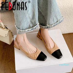 Sandales 2023 printemps été femmes bout carré talons bas pompes en cuir véritable couleurs mélangées basique décontracté chaussures de bureau femme