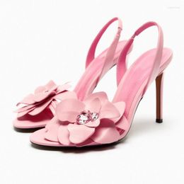 Sandalias 2023 Verano 3D Flor Decorativa Hada Feng Diamante Cuero Slim High Heel 35-42 Sexy Party Zapatos de mujer